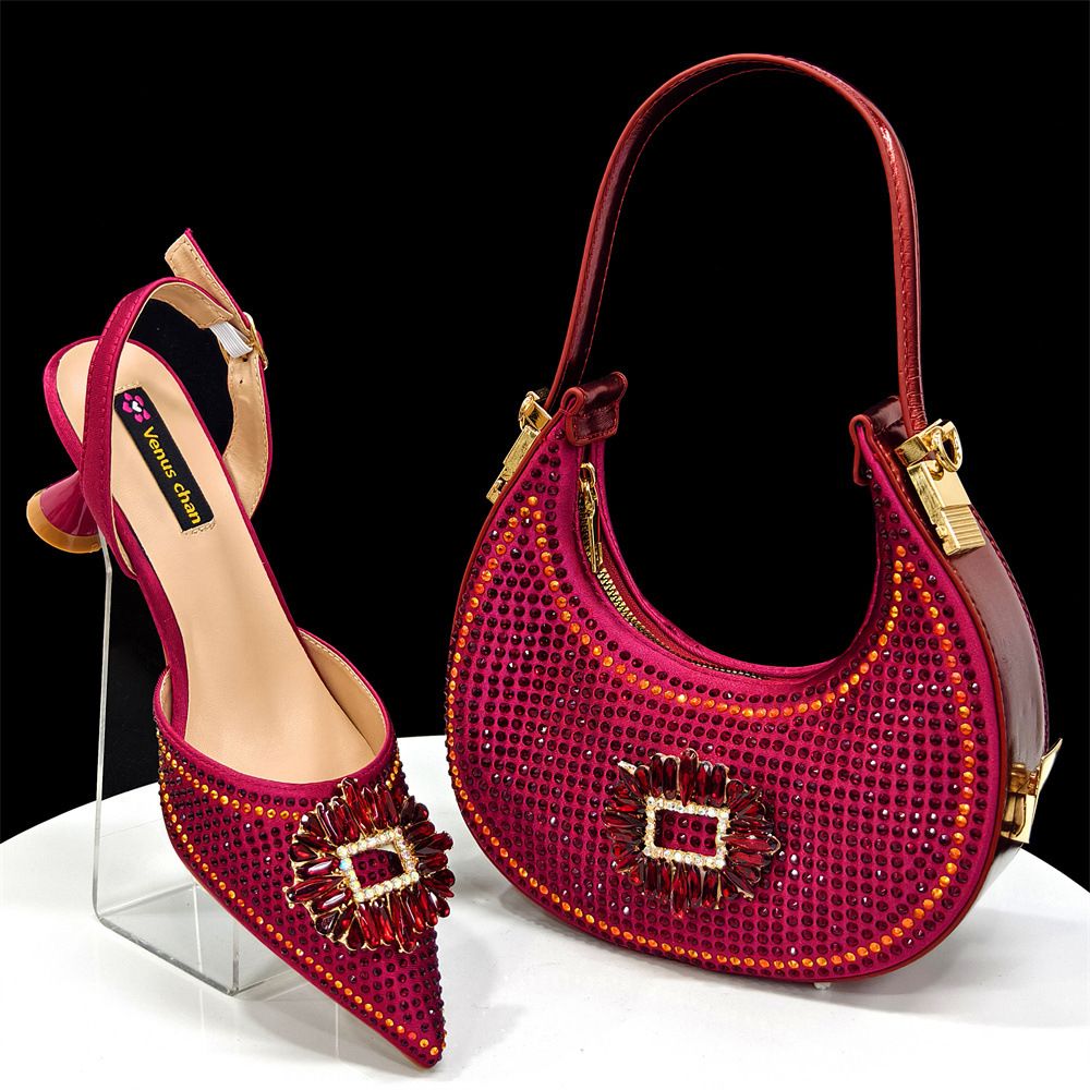 European and American style women's champagne-colored pointed-toe shoes and bag set with rhinestone buckle embellishment