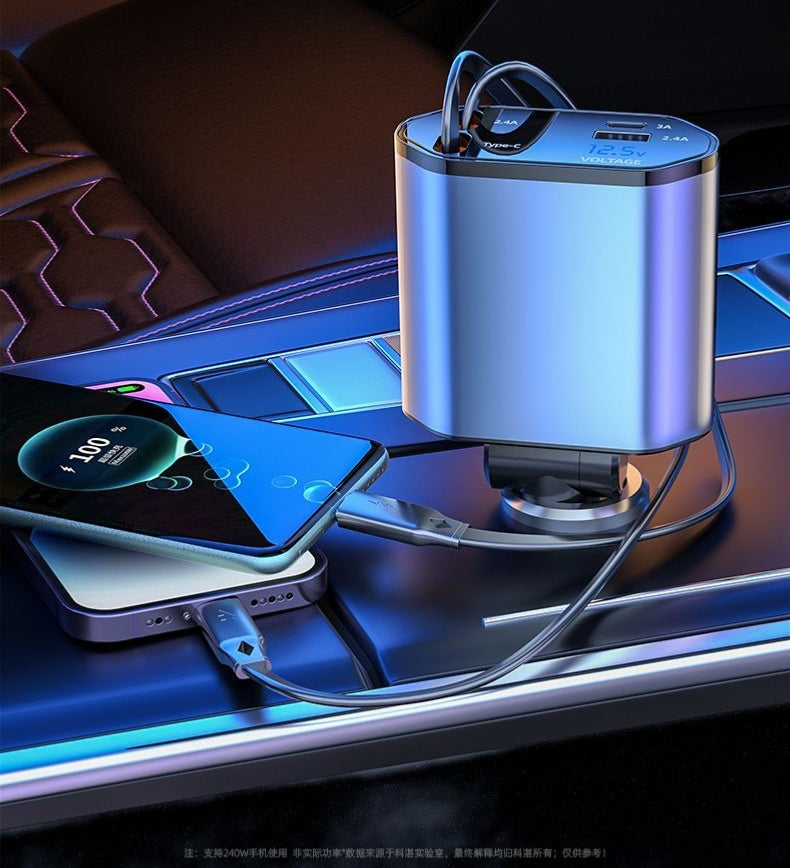 Super fast charge car charger flash four-in-one self-telescopic line universal Android apple mobile phone charge