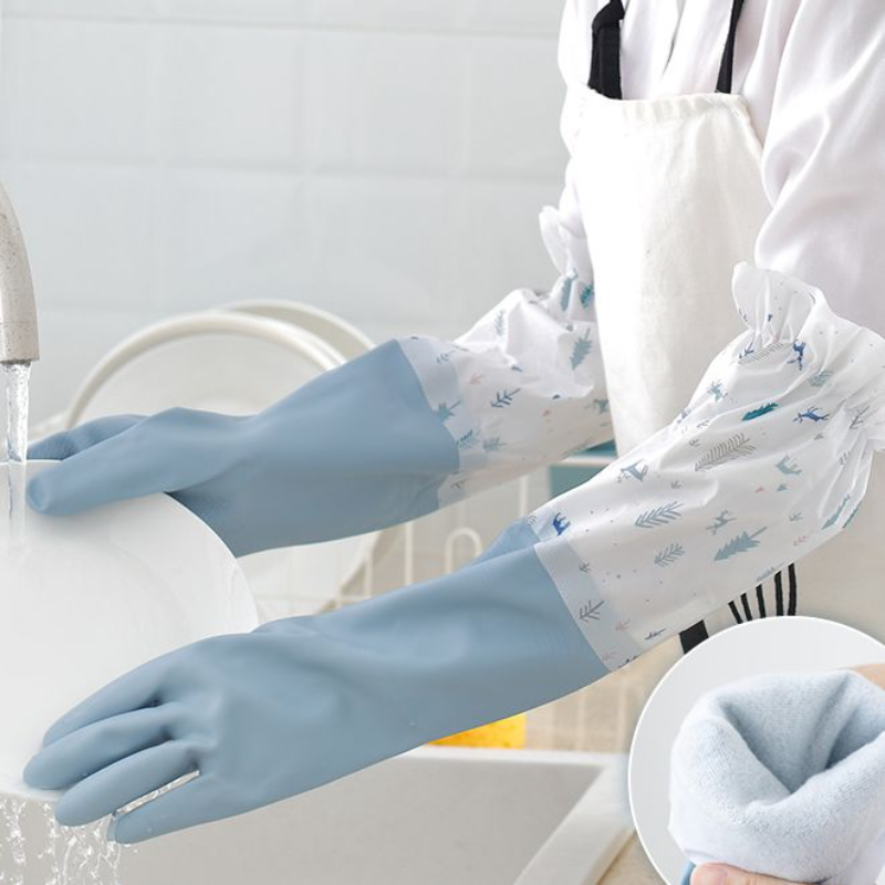 Extended waterproof silicone gloves, thickened for dishwashing, winter use, suitable for household cleaning.