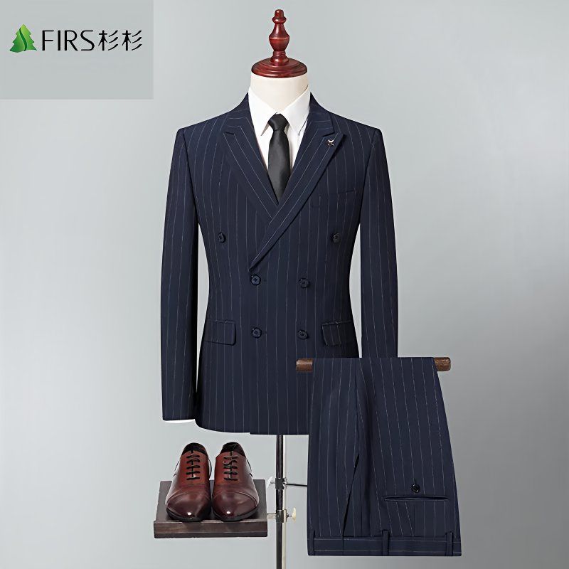 Double-breasted men's two-piece suit set, perfect for wedding grooms and best men, striped style, handsome.