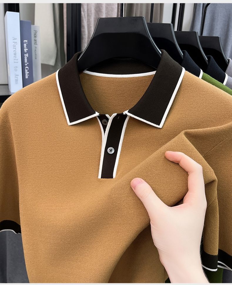 New autumn/winter men's short-sleeved collared knit sweater pullover sweater casual trendy dad outfit