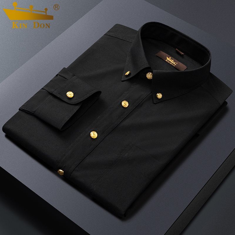 Golden Shield Men's Long-Sleeve Shirt, Wrinkle-Resistant, Copper Button, Korean Style, Slim Fit, Pockets, Business Casual, High-End New Style