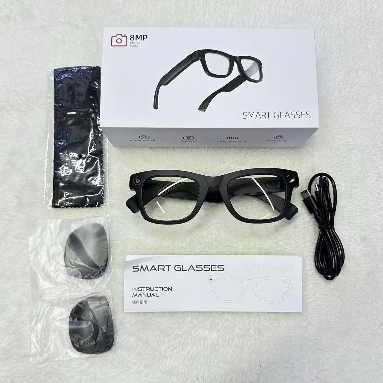 AI smart glasses with 8MP camera for video recording, translation, image recognition, and conferences.