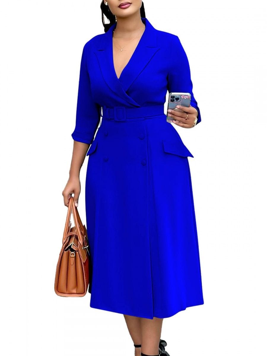 Fashionable and elegant double-breasted suit collar solid color mid-length women's dress for cross-border trade.