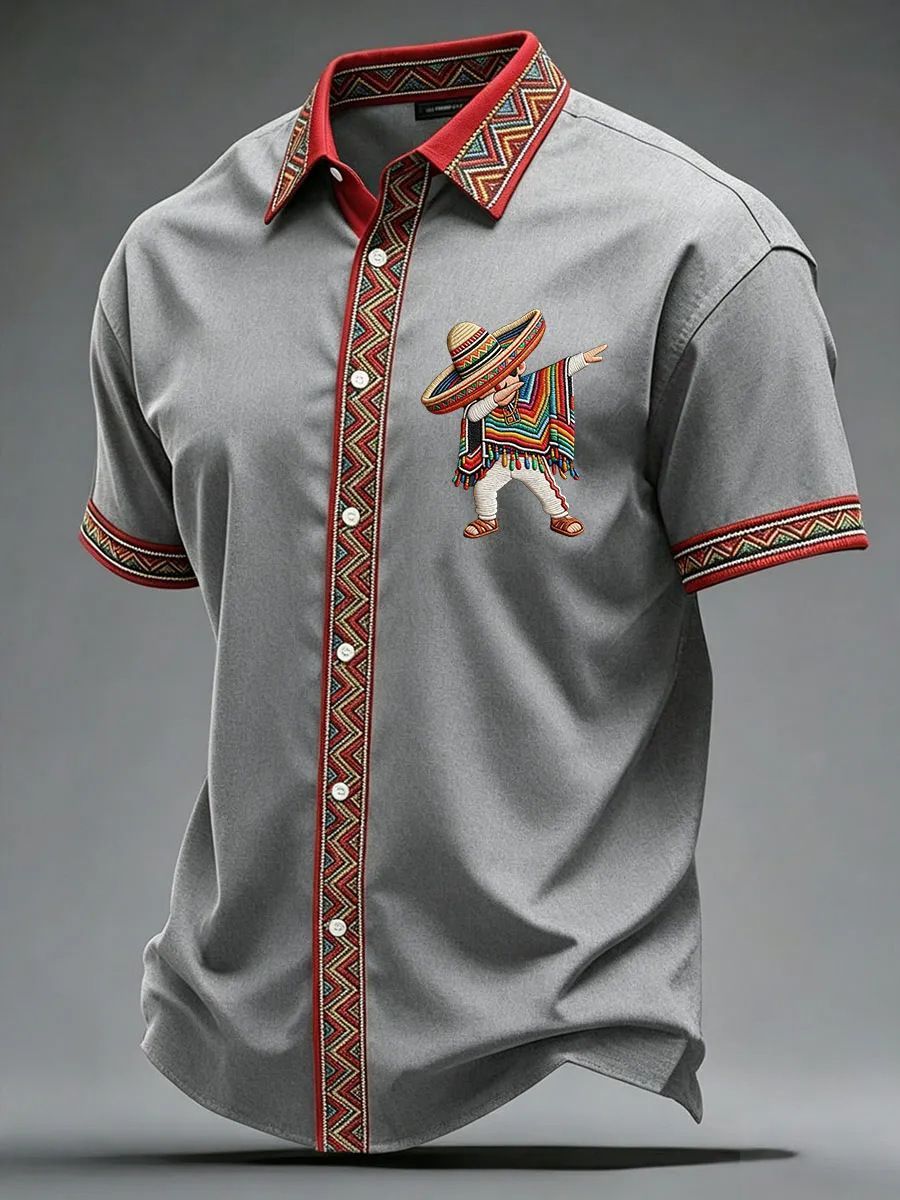 Summer New Arrival: Men's Short-Sleeve Shirt with Lapel, Ethnic Style Print