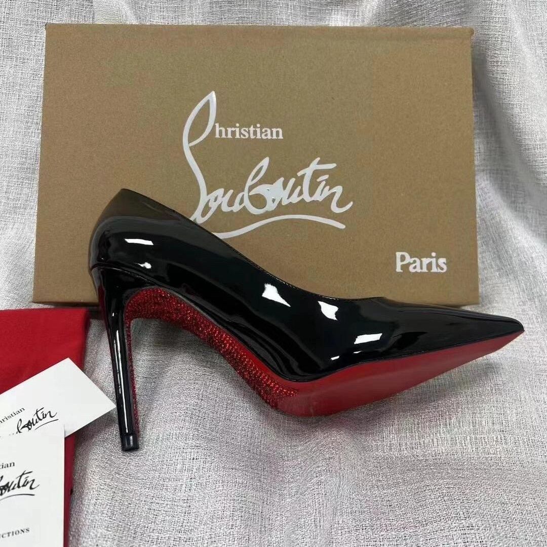 CL elegant and sophisticated women's rhinestone stiletto heels, new black patent leather, pointed toe, and red sole.
