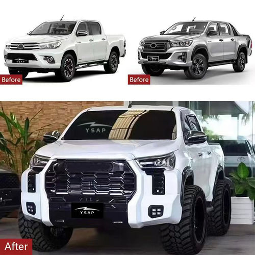 12-25 Hilux body kit for older models, 26 Travo upgraded bumper, grille, and headlights.