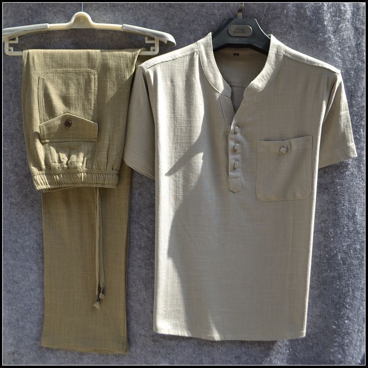 Linen casual two-piece men's summer thin short-sleeved T-shirt and elastic waist trousers