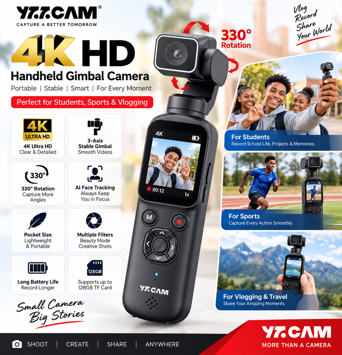 4K HD handheld vlog pocket gimbal camera for student sports