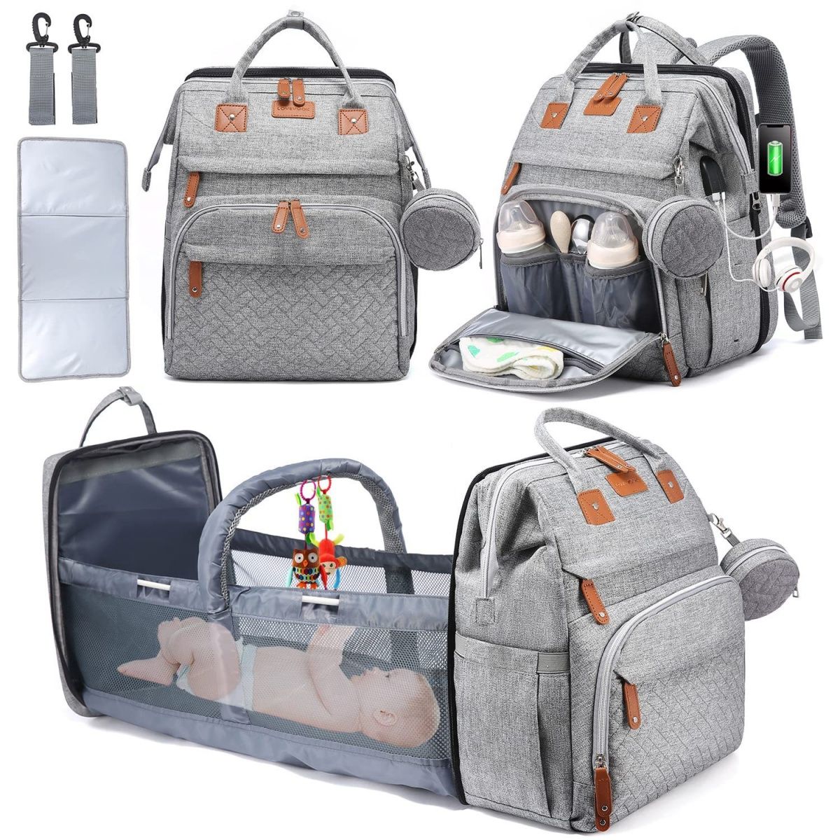 Large capacity diaper bag/backpack, foldable crib, portable for outings.