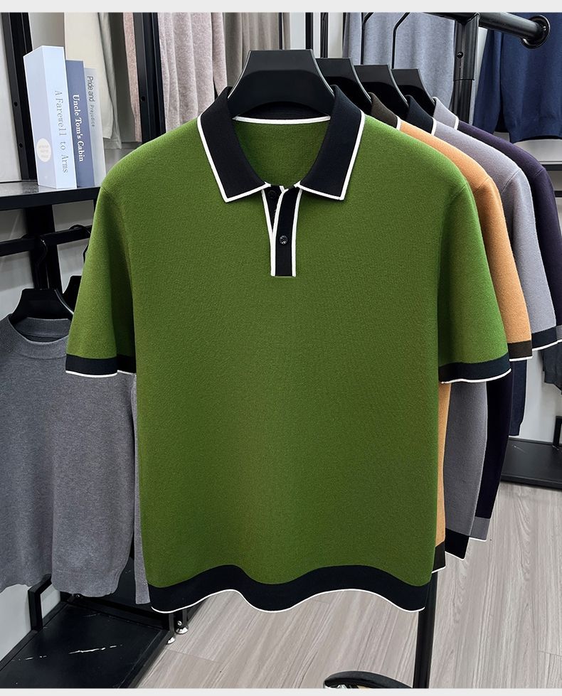 New autumn/winter men's short-sleeved collared knit sweater pullover sweater casual trendy dad outfit