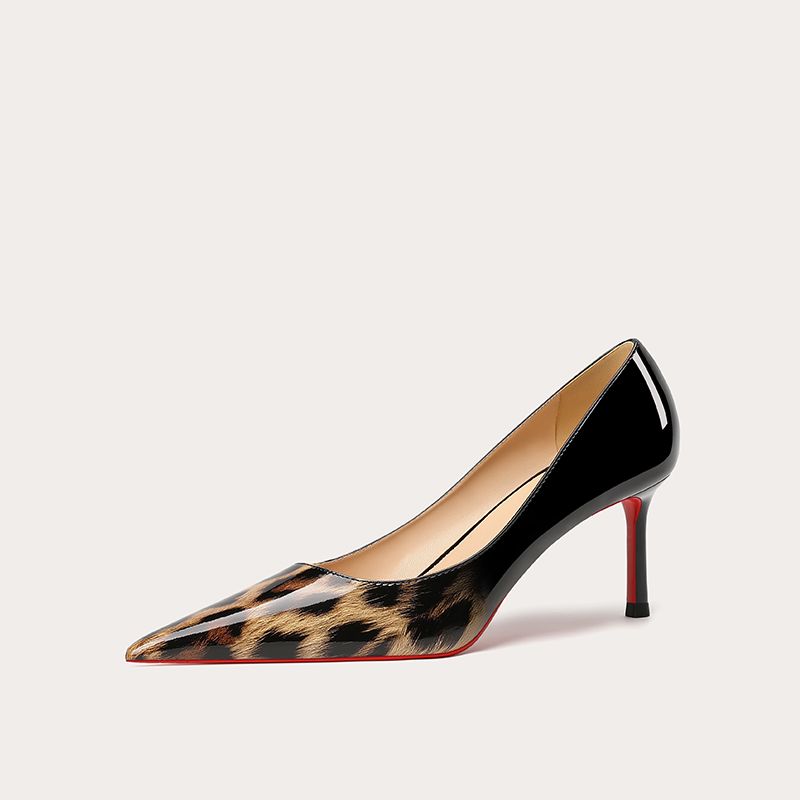 CL elegant and sophisticated women's rhinestone stiletto heels, new black patent leather, pointed toe, and red sole.