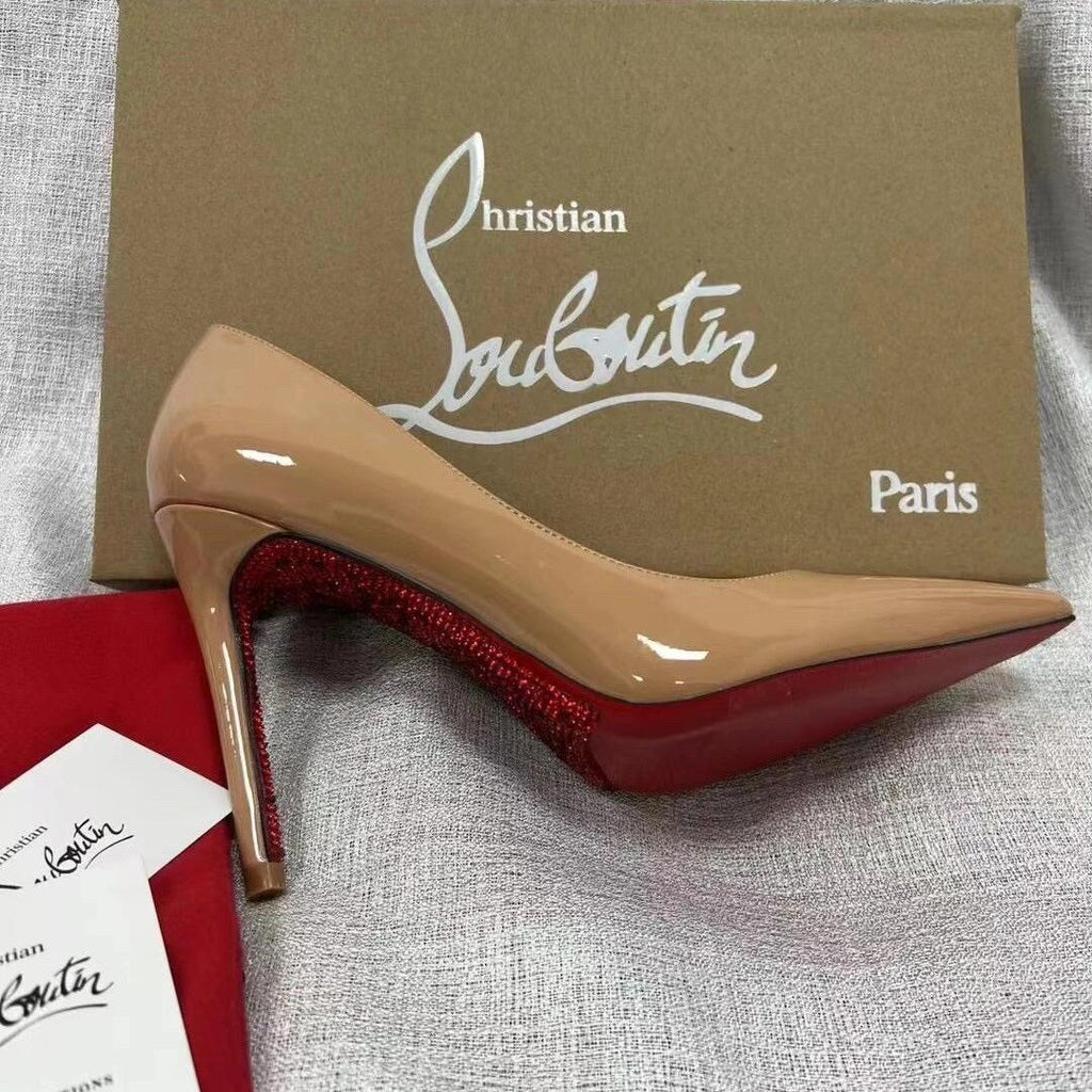 CL elegant and sophisticated women's rhinestone stiletto heels, new black patent leather, pointed toe, and red sole.