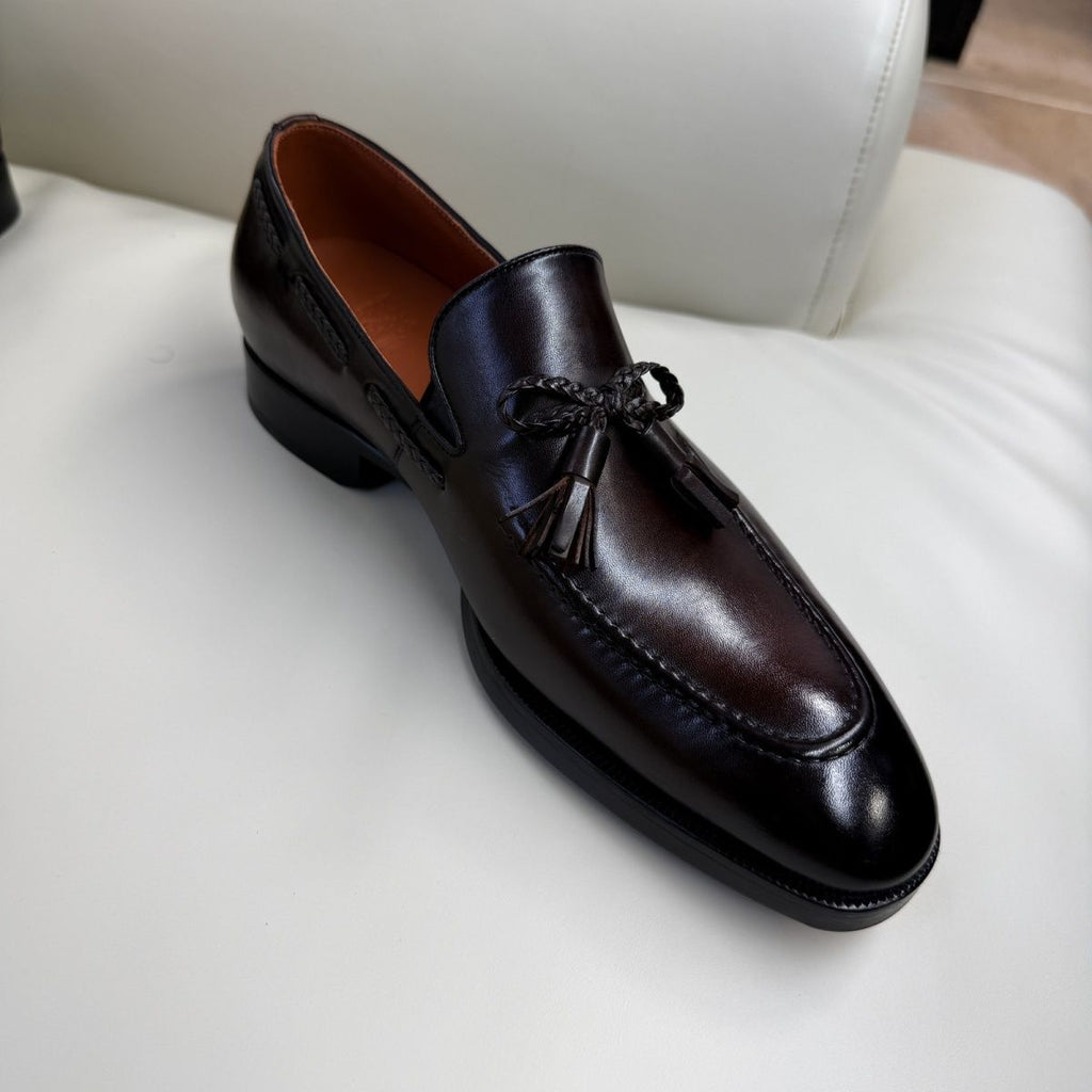Handmade leather shoes, genuine brown, pointed toe, square toe, classic all-season men's casual shoes