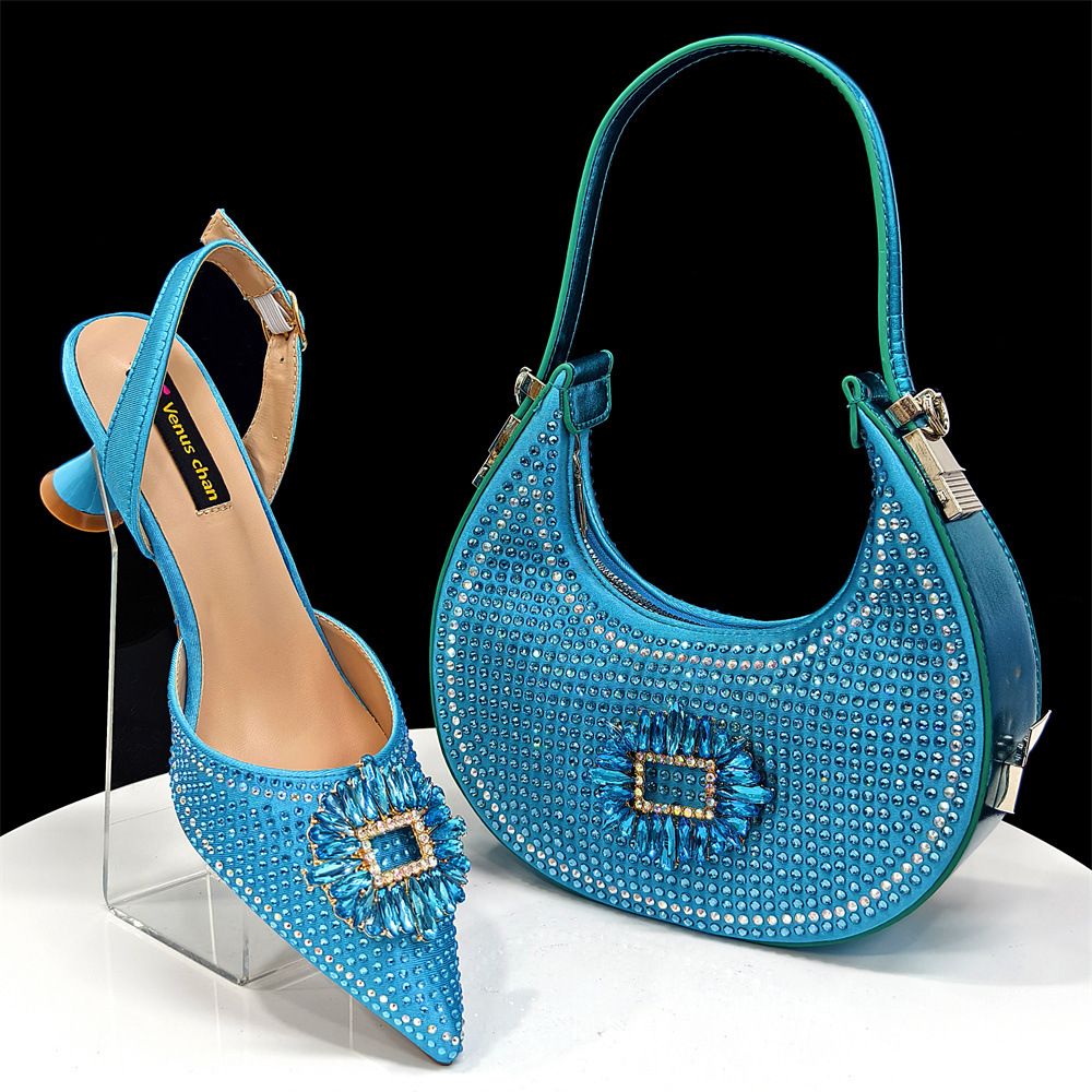European and American style women's champagne-colored pointed-toe shoes and bag set with rhinestone buckle embellishment