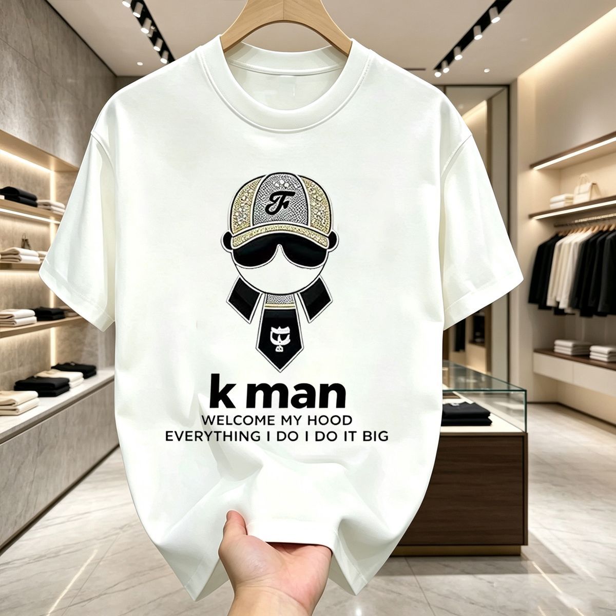High Street Cut 2026 Summer Embroidered Men's Short-Sleeve T-Shirt Trendy Slim Fit Crew Neck