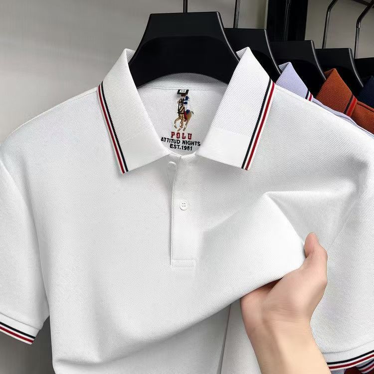 Heavyweight cotton short-sleeved polo shirt for middle-aged and young adults, classic collar, comfortable and stylish top.
