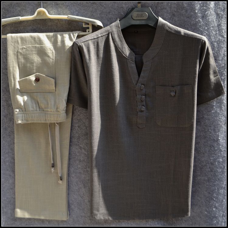 Linen casual two-piece men's summer thin short-sleeved T-shirt and elastic waist trousers