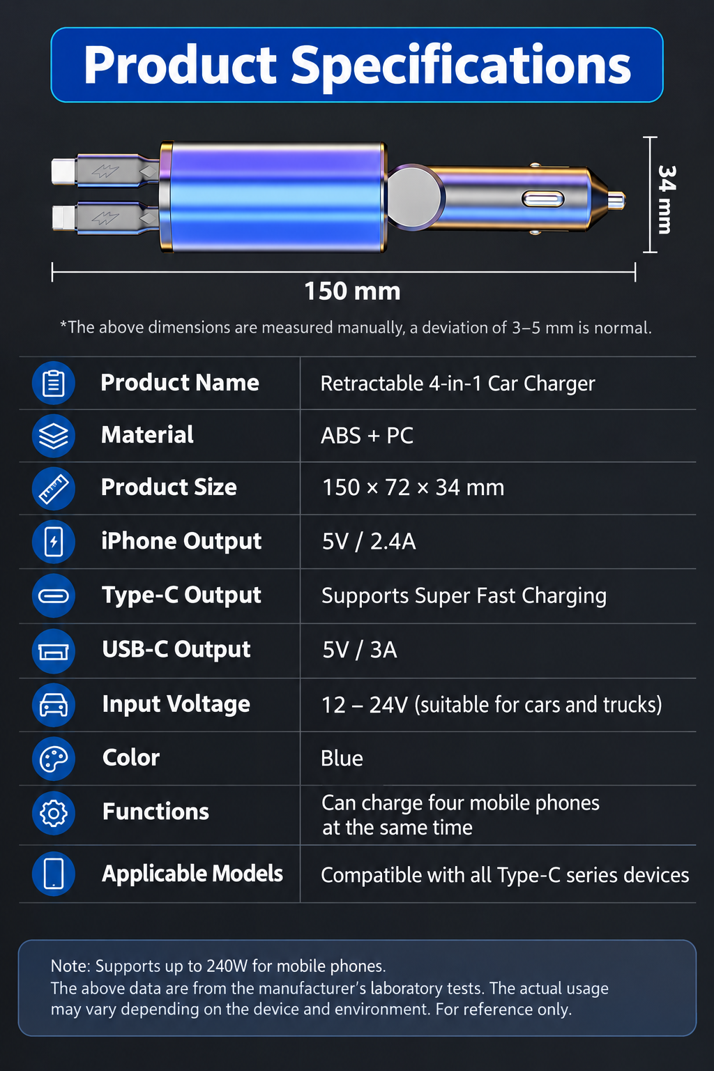 Super fast charge car charger flash four-in-one self-telescopic line universal Android apple mobile phone charge