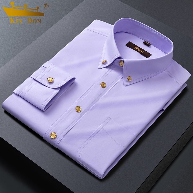 Golden Shield Men's Long-Sleeve Shirt, Wrinkle-Resistant, Copper Button, Korean Style, Slim Fit, Pockets, Business Casual, High-End New Style
