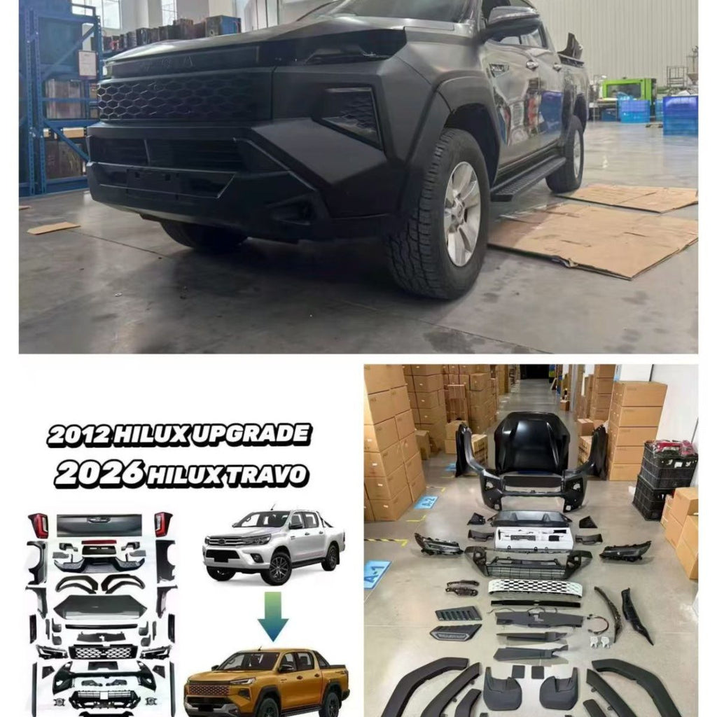 12-25 Hilux body kit for older models, 26 Travo upgraded bumper, grille, and headlights.