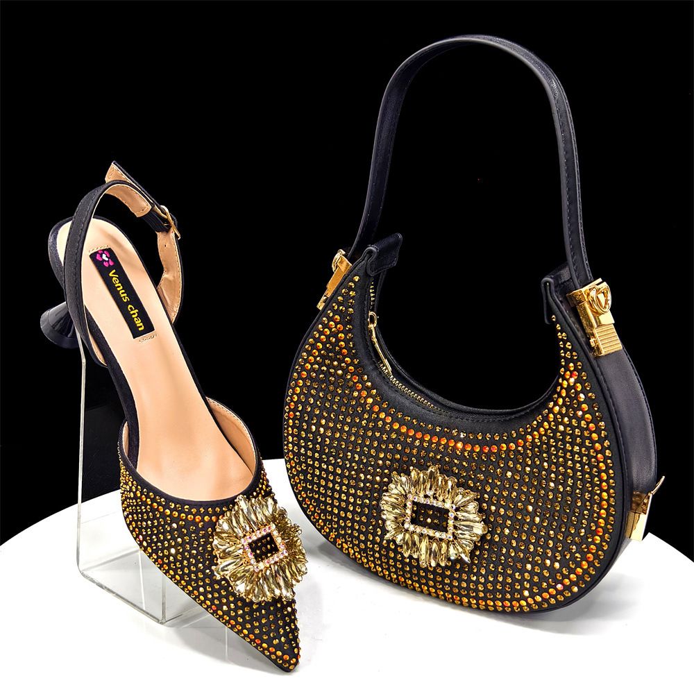 European and American style women's champagne-colored pointed-toe shoes and bag set with rhinestone buckle embellishment