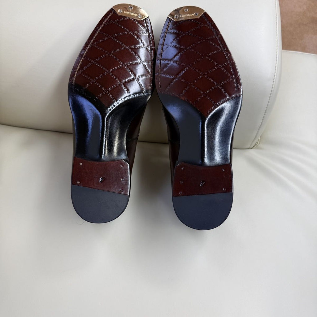 Handmade leather shoes, genuine brown, pointed toe, square toe, classic all-season men's casual shoes