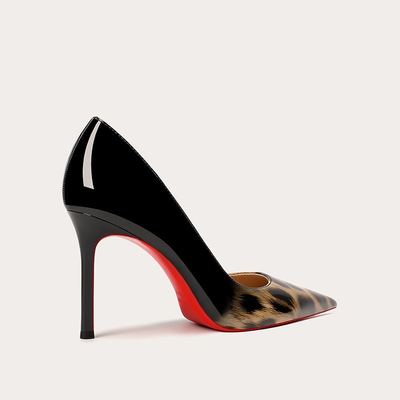 CL elegant and sophisticated women's rhinestone stiletto heels, new black patent leather, pointed toe, and red sole.