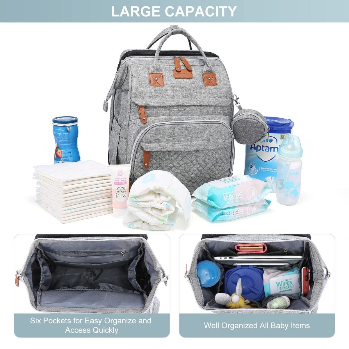 Large capacity diaper bag/backpack, foldable crib, portable for outings.