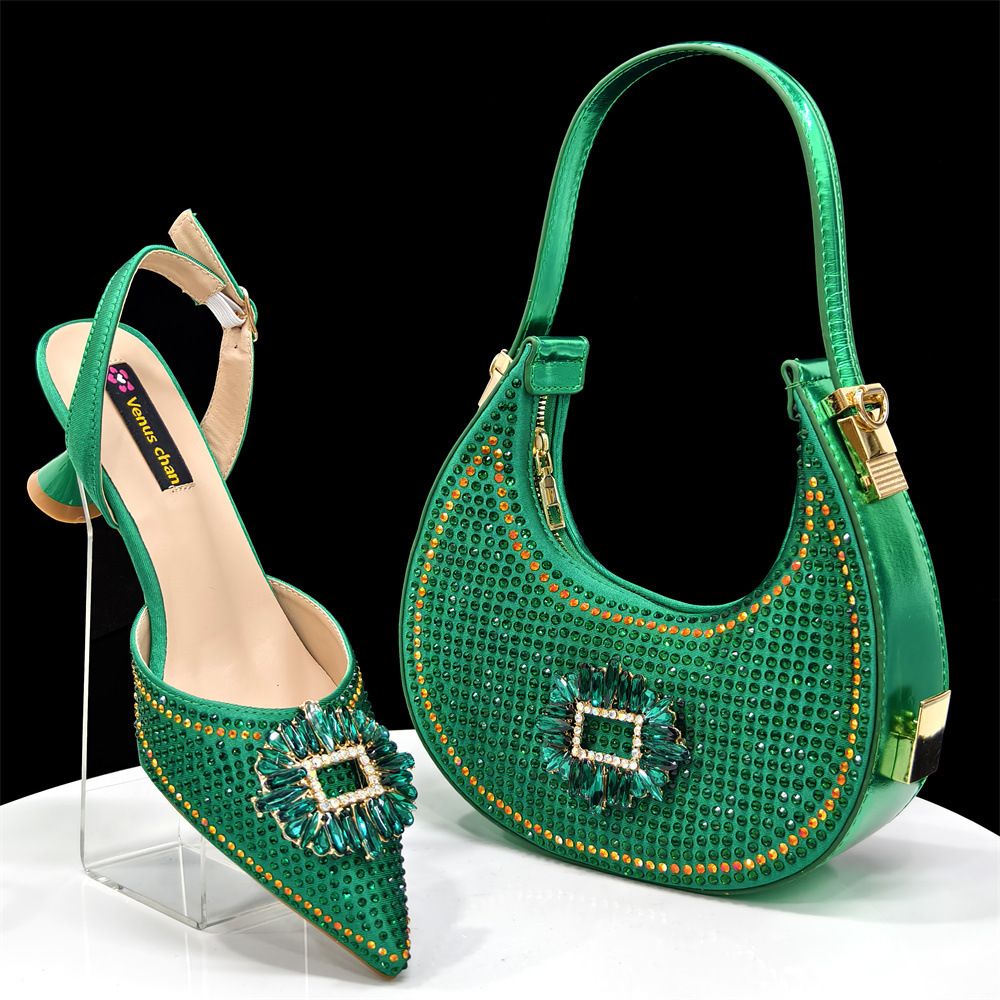 European and American style women's champagne-colored pointed-toe shoes and bag set with rhinestone buckle embellishment