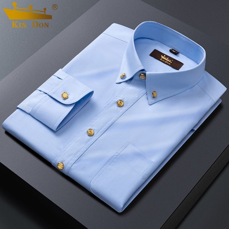 Golden Shield Men's Long-Sleeve Shirt, Wrinkle-Resistant, Copper Button, Korean Style, Slim Fit, Pockets, Business Casual, High-End New Style