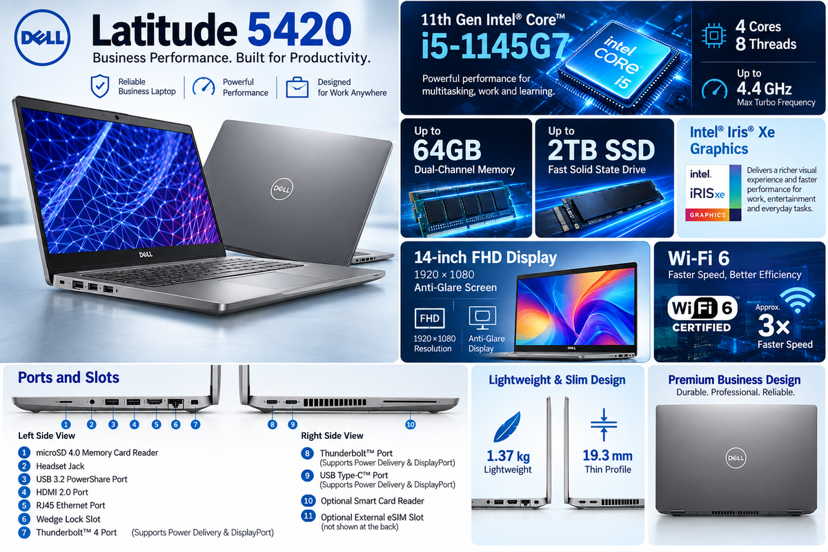 Dell Latitude 5420 14-inch Student Study Business Office AI Design Laptop Refurbished Portable Lightweight Laptop Silver Gray i5-11th Gen Processor Touchscreen