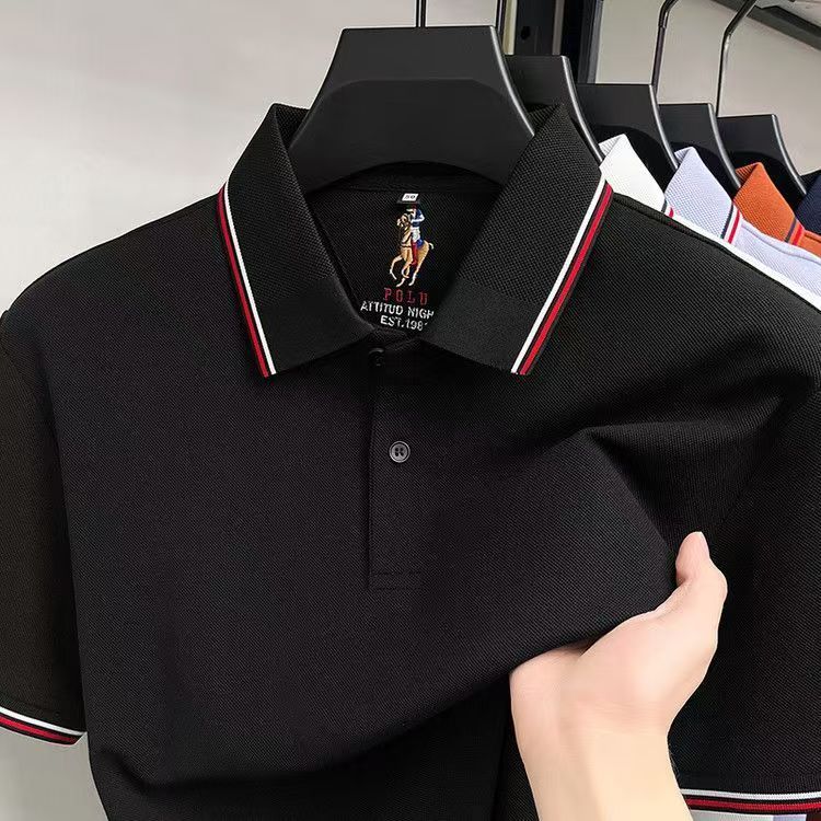 Heavyweight cotton short-sleeved polo shirt for middle-aged and young adults, classic collar, comfortable and stylish top.