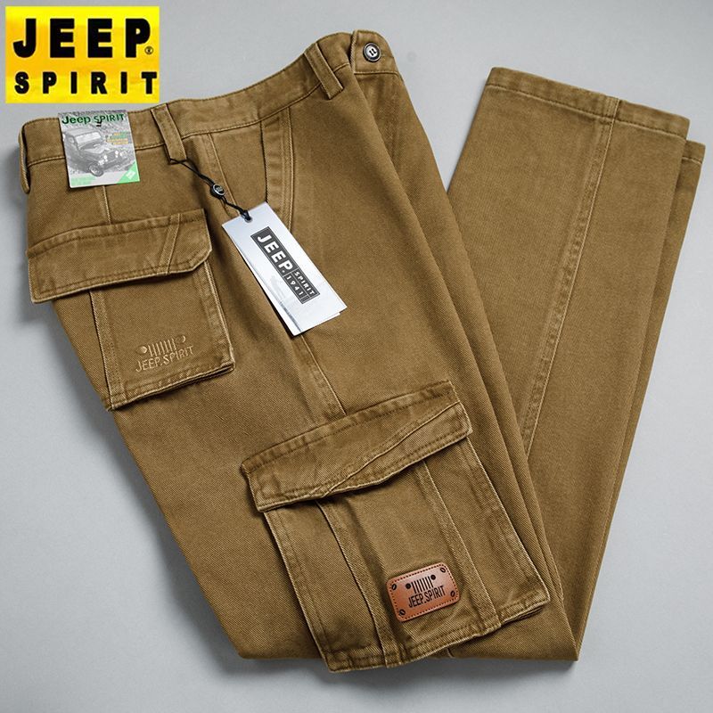 JEEP Men's Thick Cotton Straight Leg Loose Fit Cargo Pants for Autumn and Winter