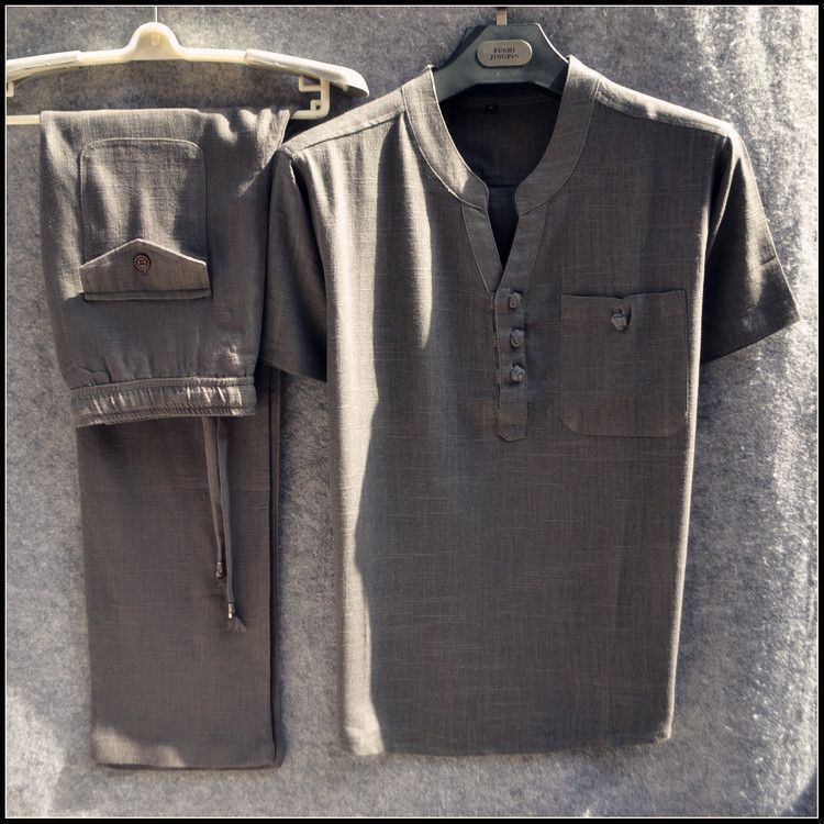 Linen casual two-piece men's summer thin short-sleeved T-shirt and elastic waist trousers