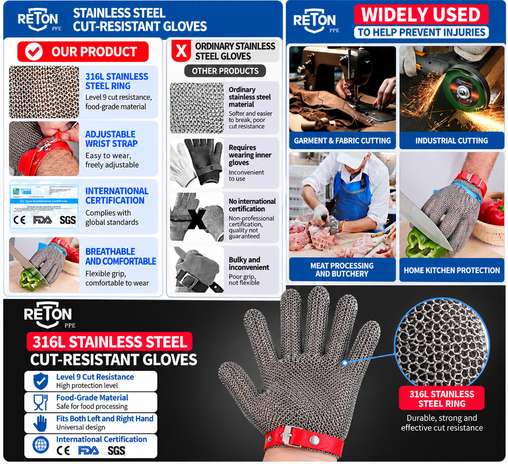 Level 9 cut-resistant gloves, 316L stainless steel, double-sided cut-resistant, food-grade slaughter gloves.