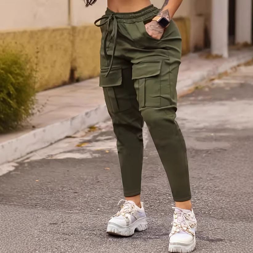 New European and American cross-border style 2026 women's long workwear with multiple pockets and drawstring hem.