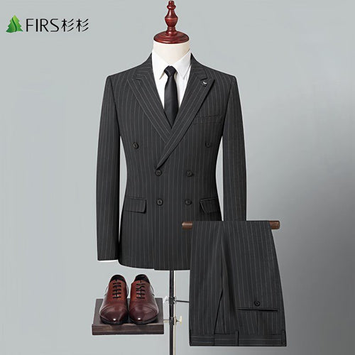 Double-breasted men's two-piece suit set, perfect for wedding grooms and best men, striped style, handsome.