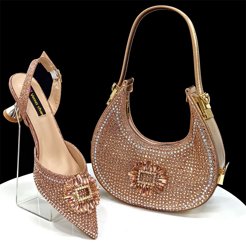European and American style women's champagne-colored pointed-toe shoes and bag set with rhinestone buckle embellishment
