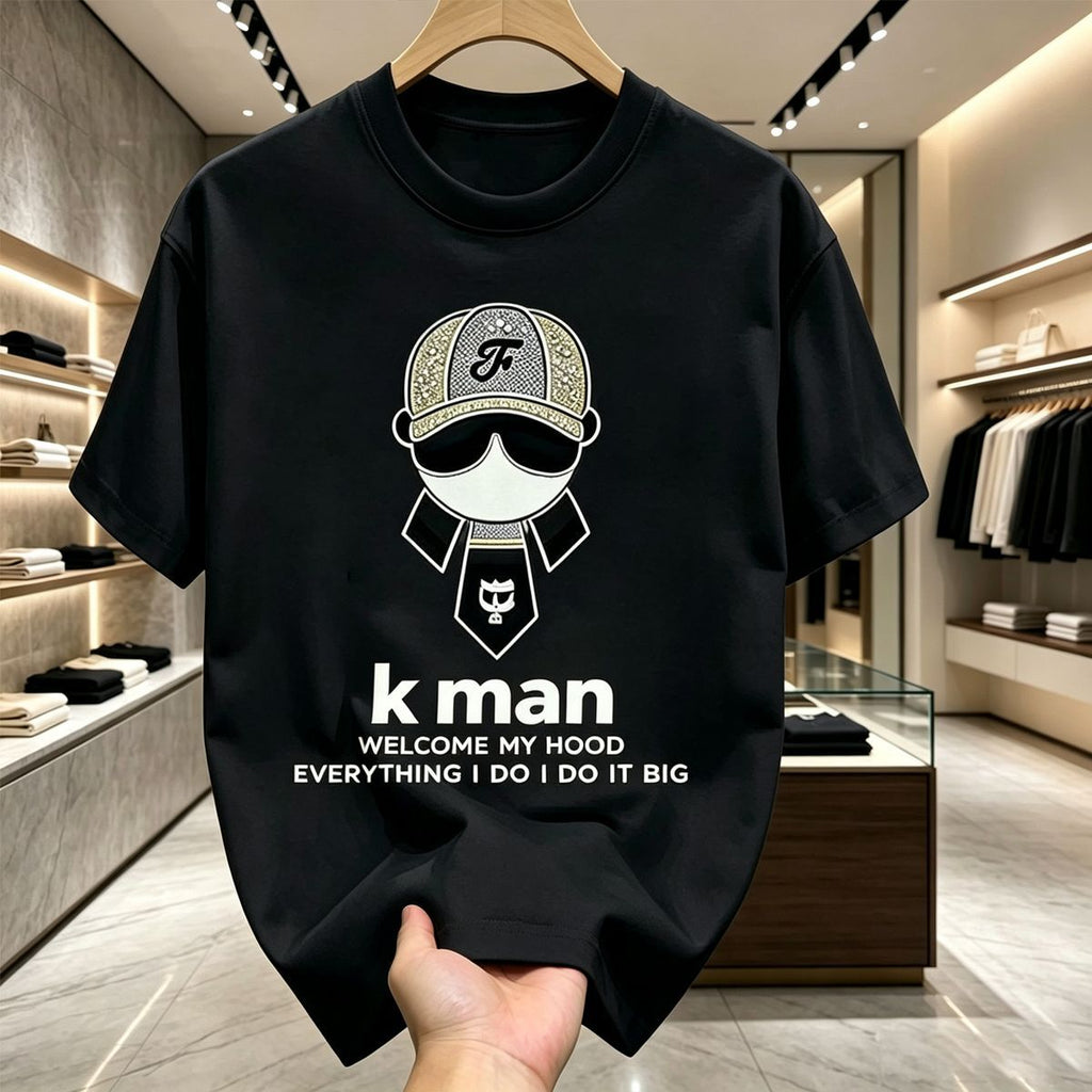 High Street Cut 2026 Summer Embroidered Men's Short-Sleeve T-Shirt Trendy Slim Fit Crew Neck