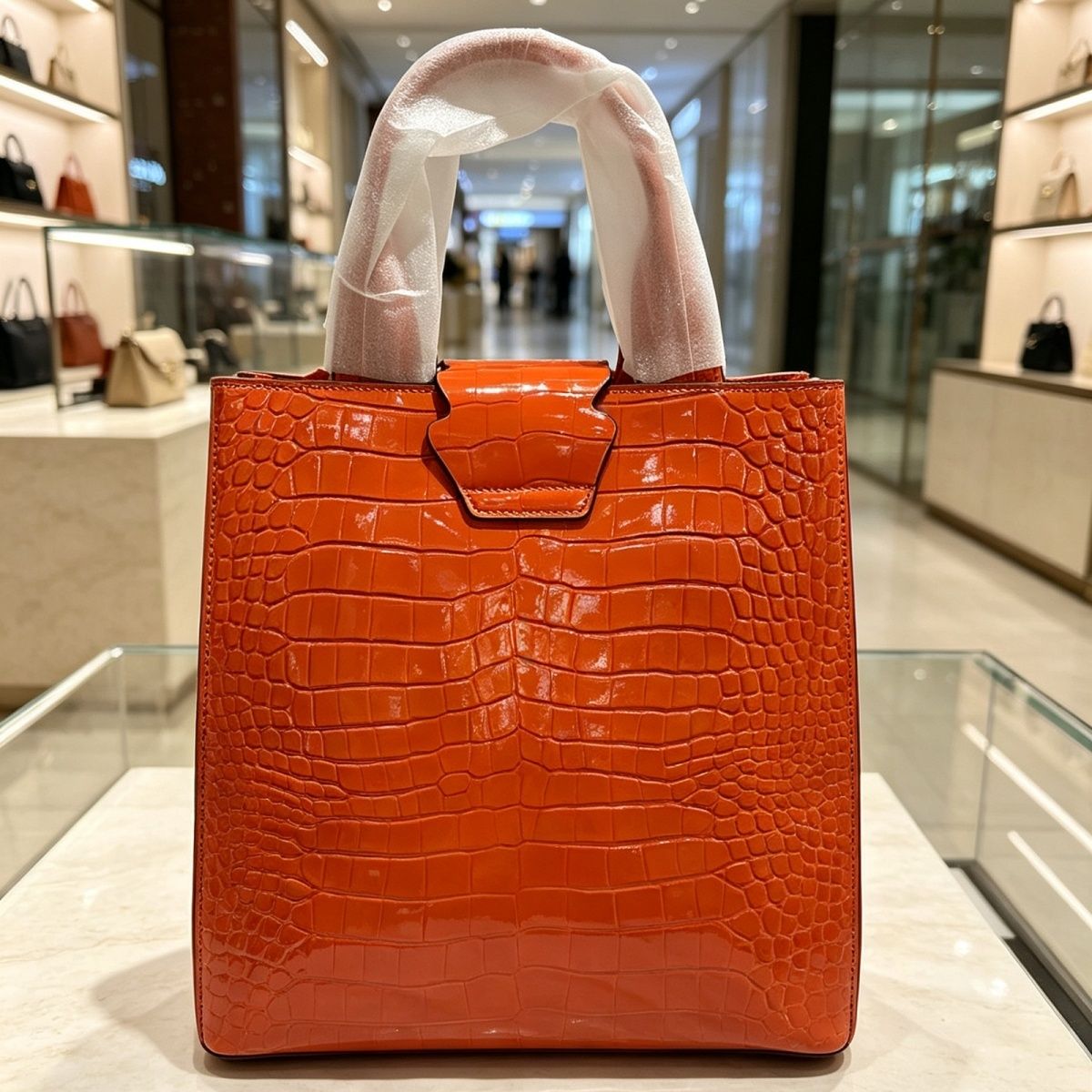 Crocodile leather handbag, high-value, stylish, and luxurious, a popular choice for outdoor use with a sturdy sole.