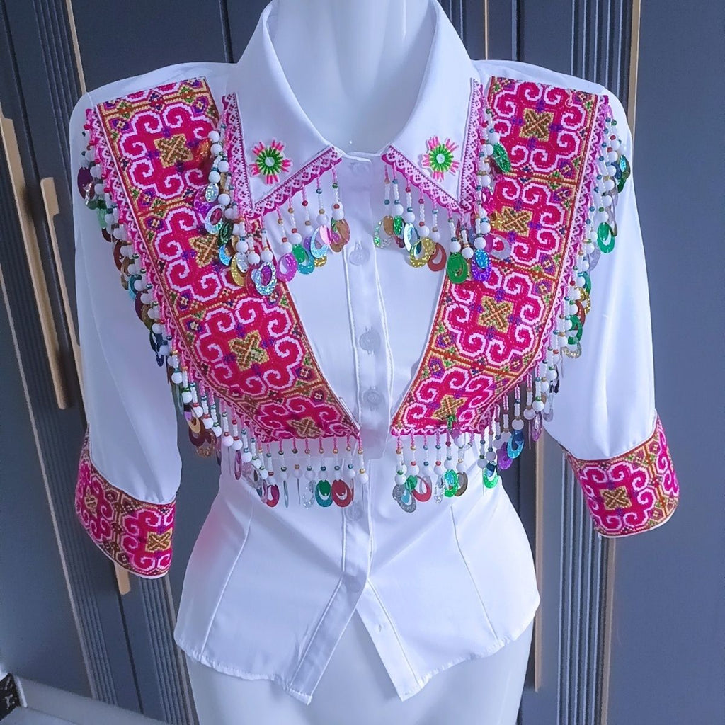 Yunnan New Embroidered Collar Versatile Casual Mid-Sleeve Shirt