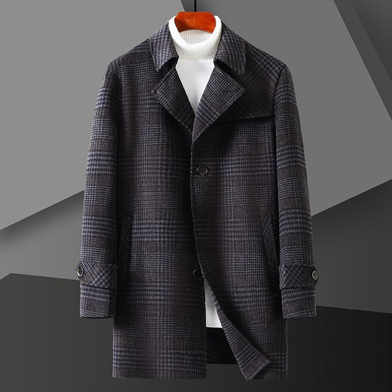 Plaid wool double-faced men's overcoat, mid-length suit, casual style for autumn and winter.