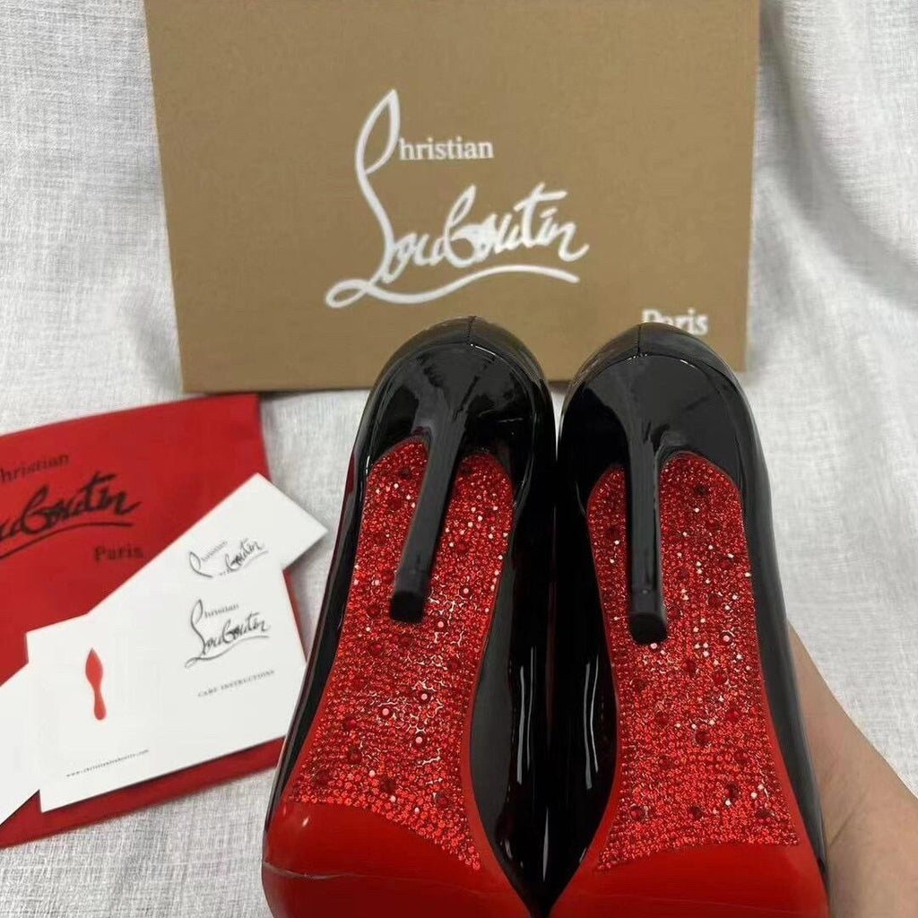 CL elegant and sophisticated women's rhinestone stiletto heels, new black patent leather, pointed toe, and red sole.