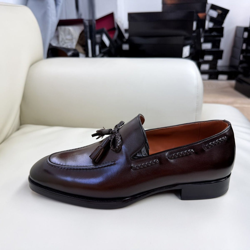 Handmade leather shoes, genuine brown, pointed toe, square toe, classic all-season men's casual shoes