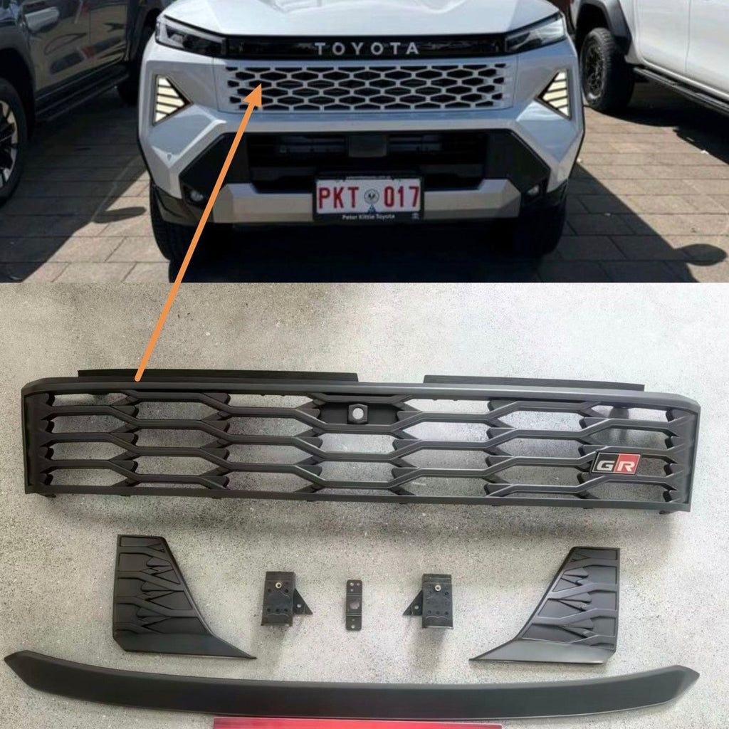 Modified GR emblem front grille and hood trim for 2026 Hilux Travo