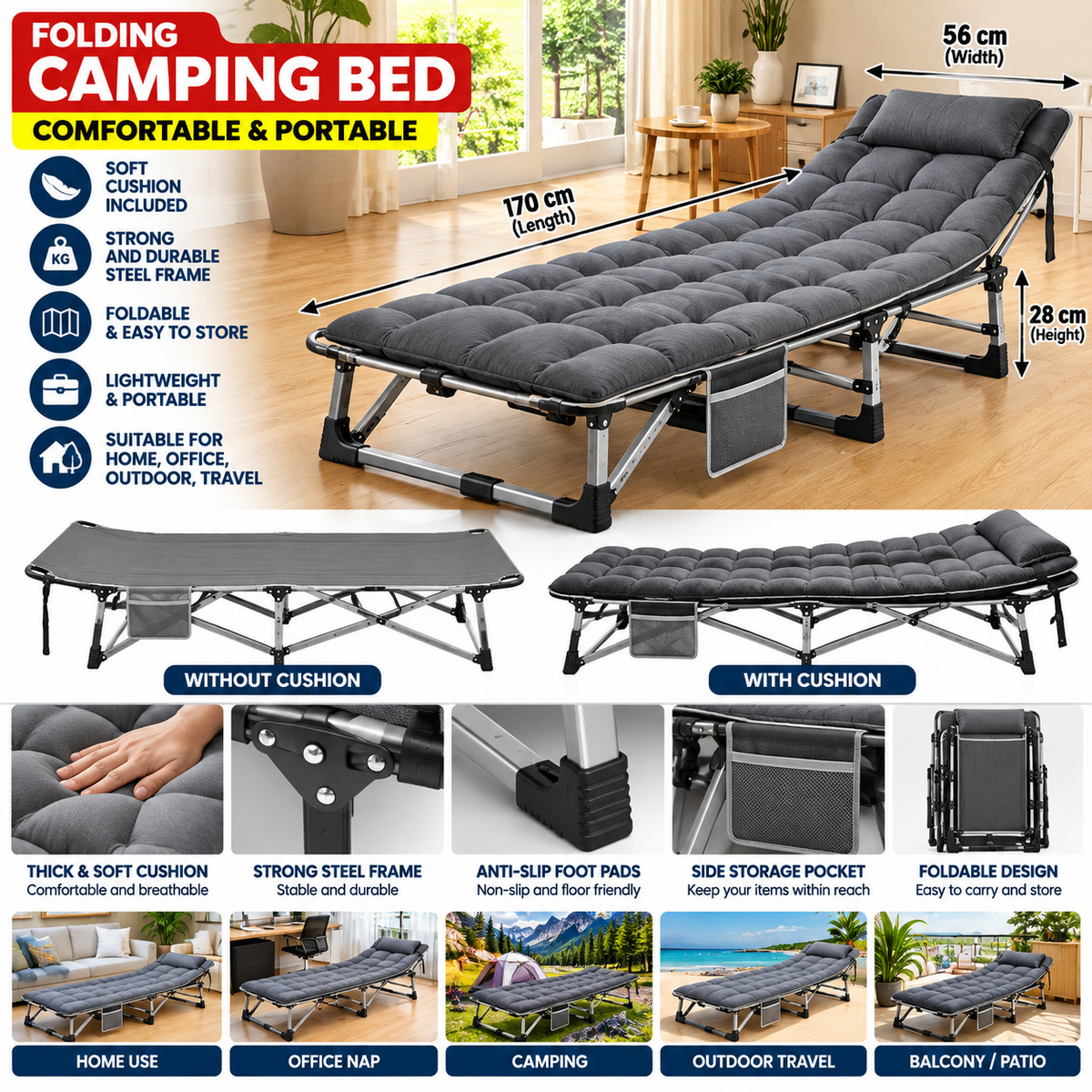 Folding single bed, a must-have for home naps and rest, a recliner for offices and camp beds