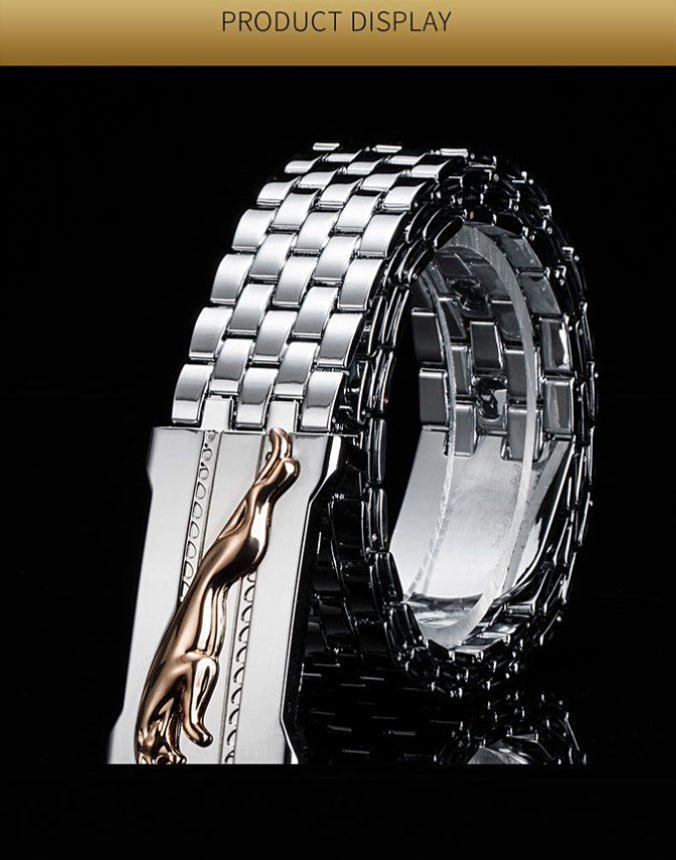 Stainless steel belt for men's self-defense whip, leopard design, versatile and extended length.