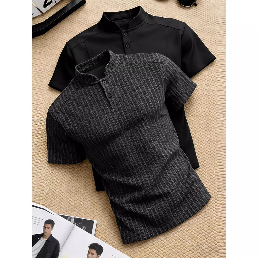 Herringbone pattern Henley collar short-sleeved men's summer polo shirt with wide shoulders and a slim waist.