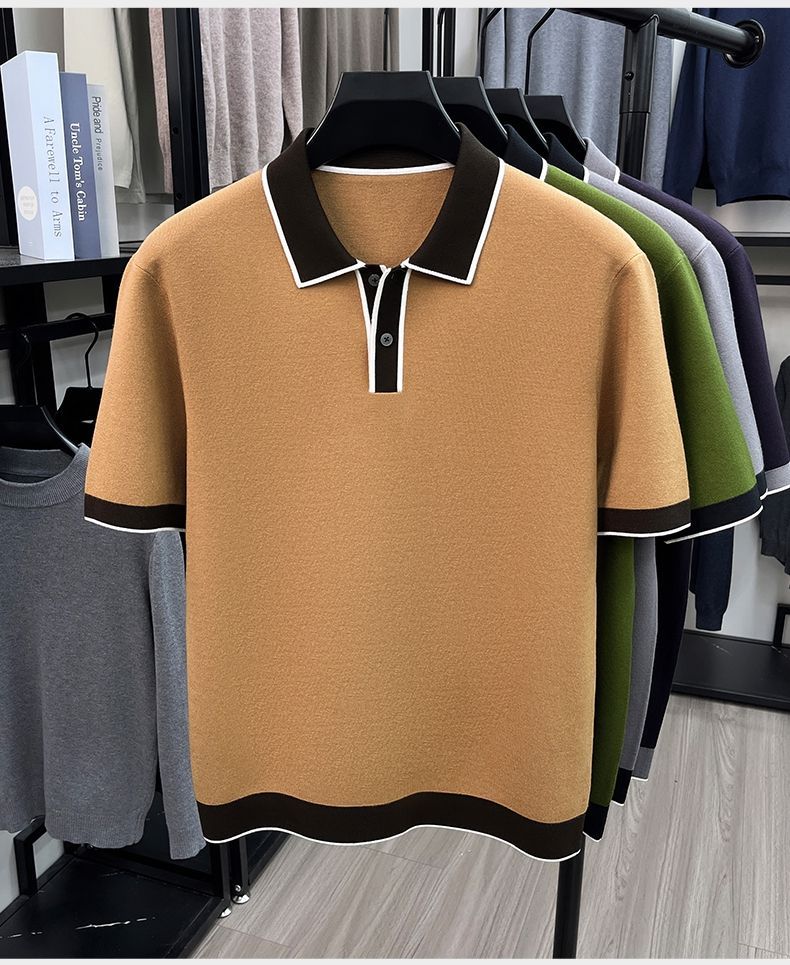 New autumn/winter men's short-sleeved collared knit sweater pullover sweater casual trendy dad outfit